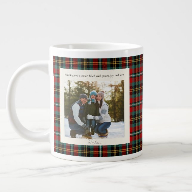 2 Photo Green Red Plaid Monogram Rustic Christmas Large Coffee Mug (Left)