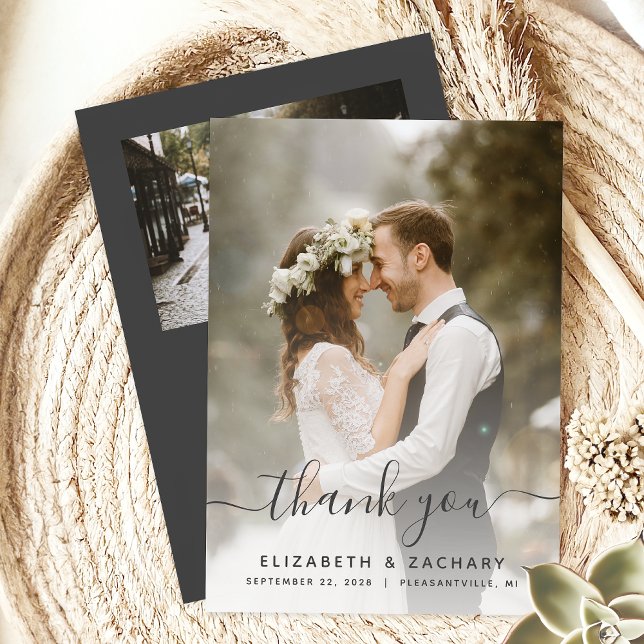 2-Photo Grey Script Wedding Thank You Card (Creator Uploaded)