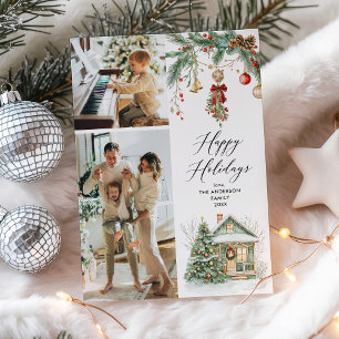 2 Photo Happy Holidays Winter Greenery Foliage Holiday Card