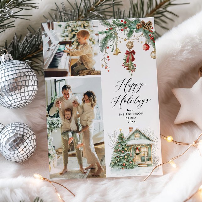 2 Photo Happy Holidays Winter Greenery Foliage Holiday Card (Creator Uploaded)