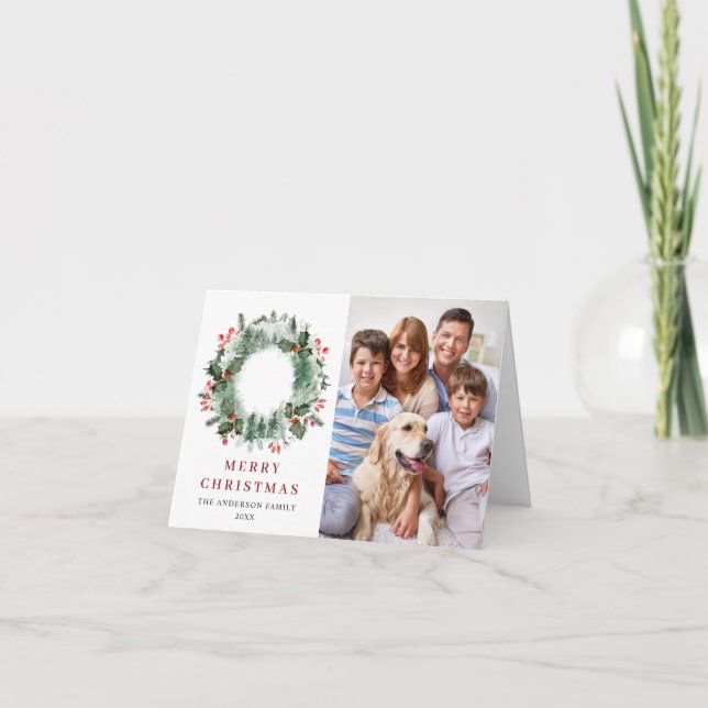 2 PHOTO Holly Berry Wreath Christmas Greeting Holiday Card (Front)