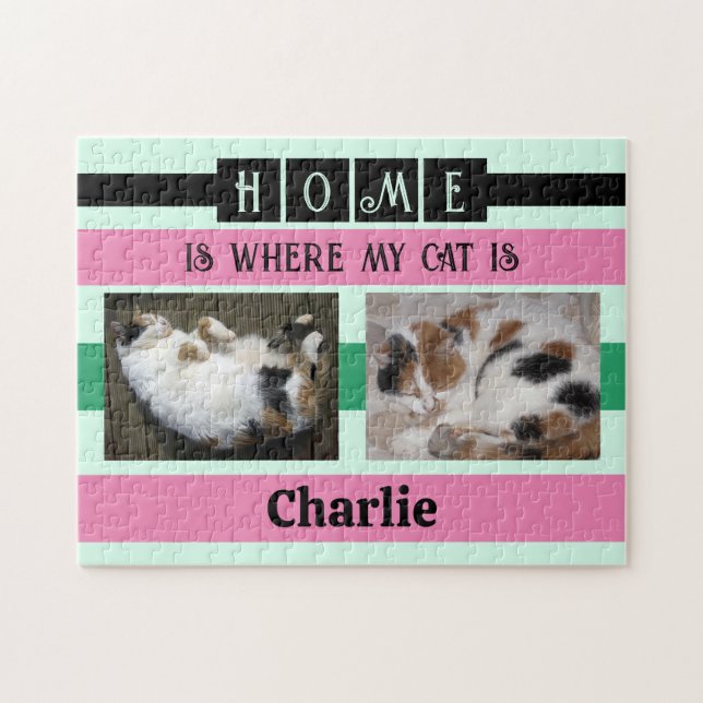 2 photo home is cat or dog add name black jigsaw puzzle (Horizontal)