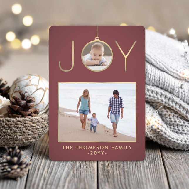 2 Photo Joy Christmas Ornament Burgundy and Gold Holiday Card (Creator Uploaded)
