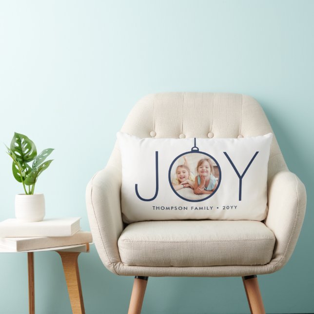 2 Photo JOY Navy Blue White Chic Modern Christmas Lumbar Pillow (Chair)