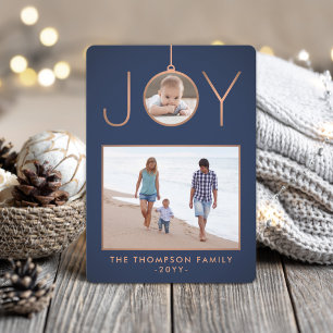 2 Photo Joy Ornament Elegant Modern Navy & Copper Holiday Card