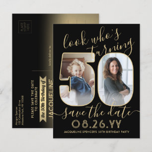 2 Photo Look Who's 50 Birthday Save The Date Gold Announcement Postcard