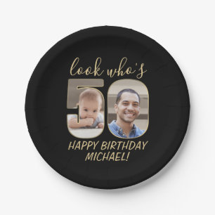 2 Photo Look Who's 50 Fiftieth Birthday Black Gold Paper Plate
