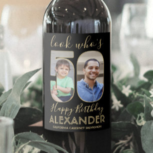 2 Photo Look Who's 50 Fiftieth Birthday Black Gold Wine Label