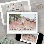2 Photo Love is Patient Wedding Postponement Save The Date<br><div class="desc">If unexpected circumstances have caused a postponement or cancellation of your special day, inform family and friends of the change in plans with these elegant "love is patient" wedding save the new date invitations. Pictures and all text are simple to customize. (IMAGE PLACEMENT TIP: An easy way to center a...</div>