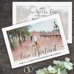 2 Photo Love is Patient Wedding Postponement Save The Date<br><div class="desc">If unexpected circumstances have caused a postponement or cancellation of your special day, inform family and friends of the change in plans with these elegant "love is patient" wedding save the new date invitations. Pictures and all text are simple to customize. (IMAGE PLACEMENT TIP: An easy way to center a...</div>