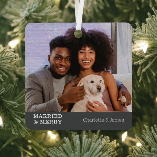 2 Photo Married And Merry First Christmas Married Metal Ornament (Insitu)