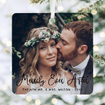2 Photo Merrily Ever After Newlyweds 1st Christmas Metal Ornament<br><div class="desc">Celebrate a joyful 1st holiday as Mr. & Mrs. with a custom 2 photo "Merrily Ever After" square metal ornament. All text on this template is simple to personalize with any wording, such as Merry and Married, Our First Christmas, etc. (IMAGE PLACEMENT TIP: An easy way to centre a picture...</div>