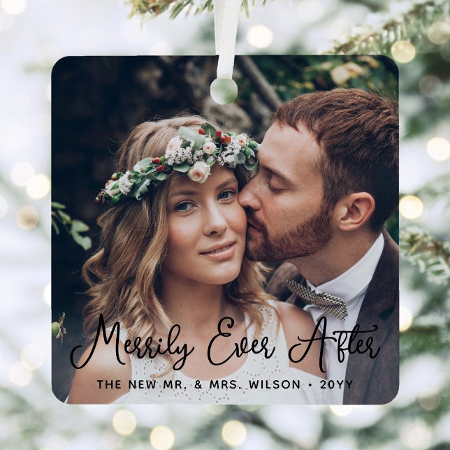 2 Photo Merrily Ever After Newlyweds 1st Christmas Metal Ornament (Creator Uploaded)