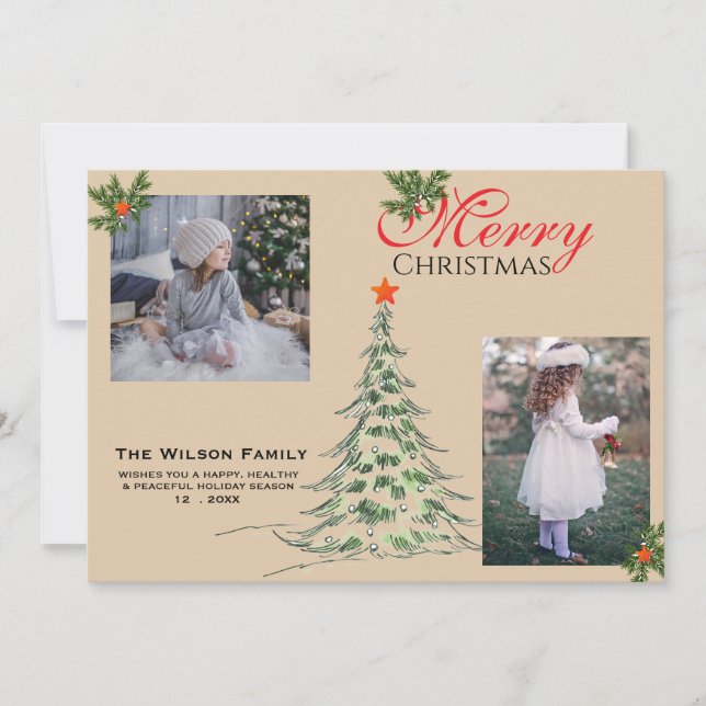 2 Photo Merry Christmas & Greenery Branches  Holiday Card (Front)