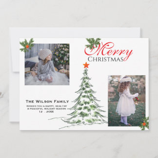 2 Photo Merry Christmas & Greenery Branches Holiday Card