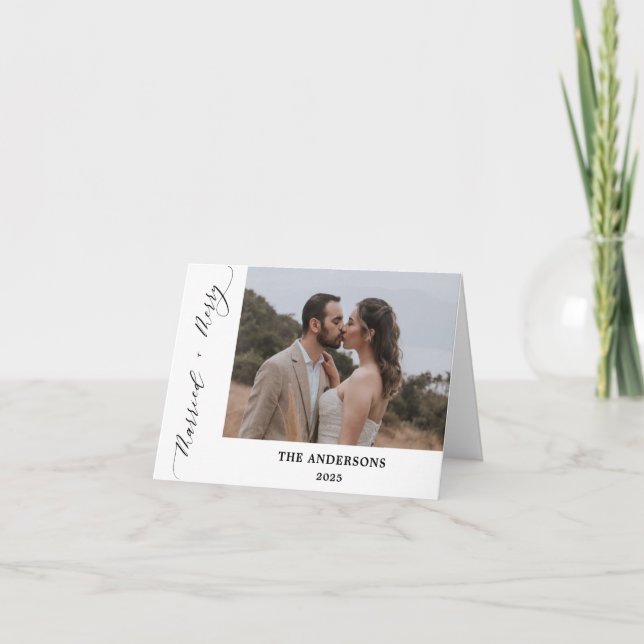 2 Photo Merry Married Script Wedding Christmas Thank You Card (Front)