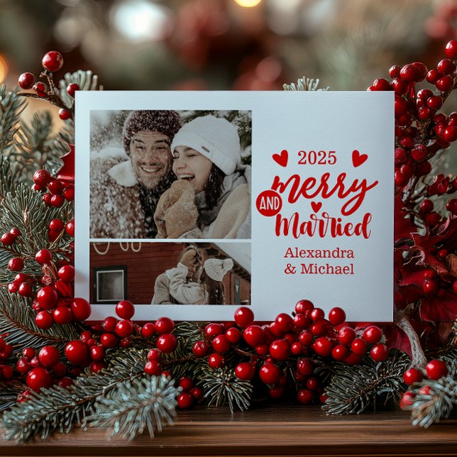 2 Photo Minimialist Merry and Married  Holiday Card (Creator Uploaded)