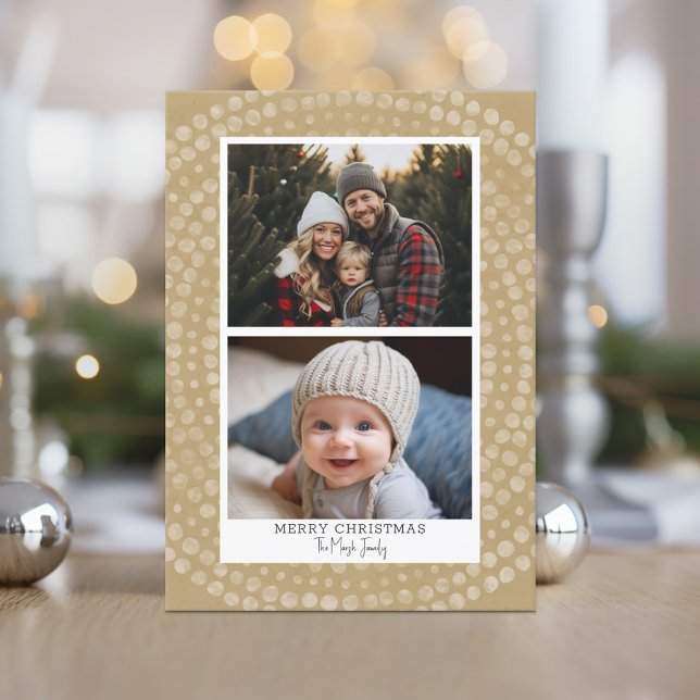 2 Photo - Modern Boho Dot Pattern Merry Christmas Holiday Card (Online Christmas Card with 2 Photos and a Modern Boho Gold Dot Pattern - Print and Download Options)