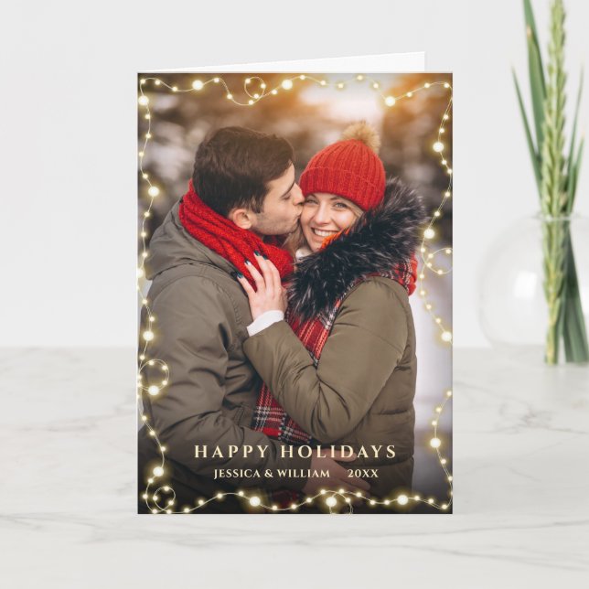 2 PHOTO Modern Christmas String Light Greeting Holiday Card (Front)