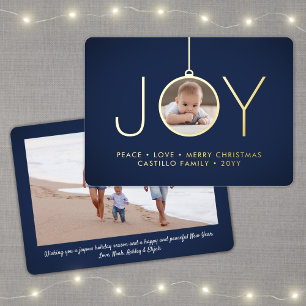 2 Photo Modern Joy Christmas Ornament Navy & Gold Foil Holiday Card