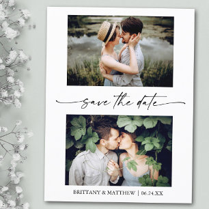 2 Photo Modern Minimalist Ink Script Save The Date Postcard
