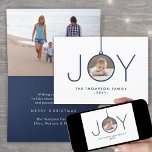 2 Photo Modern Minimalist Navy Blue White Joy Holiday Card<br><div class="desc">Celebrate the simple joys of the holidays and share two of your favourite photos with this stylish navy blue and white folded card. Text on this template is easy to customize to include any wording, such as Merry Christmas, Happy Holidays, Seasons Greetings, Cheers to the New Year etc. (IMAGE PLACEMENT...</div>