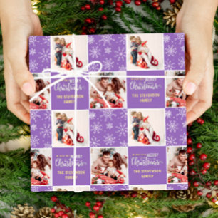 2 Photo Modern Simple Merry Christmas Purple Wrapping Paper