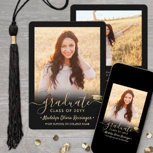 2 Photo Modern Simple Script Black Gold Graduation Announcement