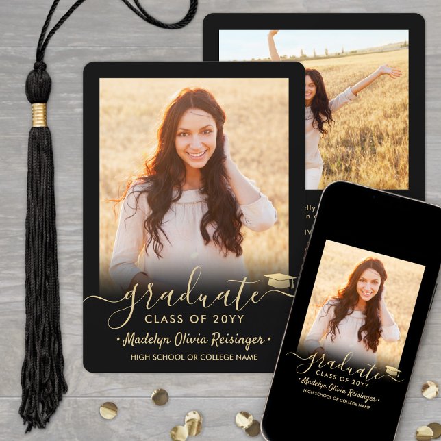 2 Photo Modern Simple Script Black Gold Graduation Announcement (Creator Uploaded)