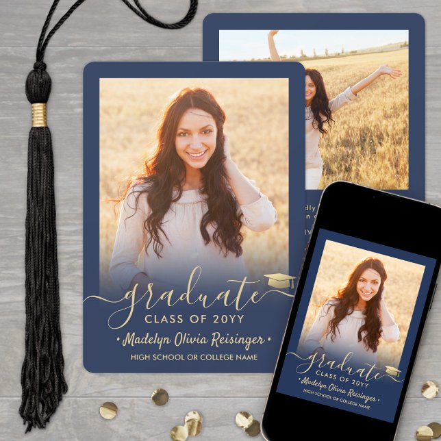 2 Photo Modern Simple Script Navy Gold Graduation Announcement (Creator Uploaded)