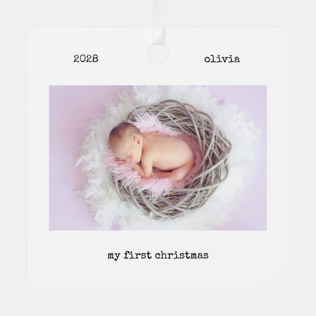 2 Photo Modern Typewriter My First Christmas  Metal Ornament (Front)