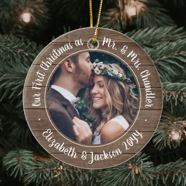 2 Photo Mr & Mrs 1st Christmas Rustic Faux Wood Ceramic Ornament (Creator Uploaded)