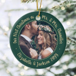 2 Photo Mr & Mrs 1st Christmas Script Green & Gold Ceramic Ornament<br><div class="desc">Celebrate a joyful 1st holiday as a married couple with a custom 2 photo "Our First Christmas as Mr. & Mrs." round ceramic ornament. All text and images on this template are simple to personalize and can be different or the same on front and back. (IMAGE & TEXT DESIGN TIPS:...</div>