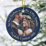 2 Photo Mr & Mrs 1st Christmas Script Navy & Gold Ceramic Ornament<br><div class="desc">Celebrate a joyful 1st holiday as a married couple with a custom 2 photo "Our First Christmas as Mr. & Mrs." round ceramic ornament. All text and images on this template are simple to personalize and can be different or the same on front and back. (IMAGE & TEXT DESIGN TIPS:...</div>
