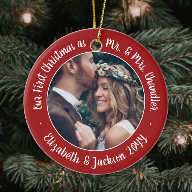 2 Photo Mr & Mrs 1st Christmas Script Red & White Ceramic Ornament (Creator Uploaded)