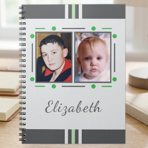 2 photo name text green grey notebook