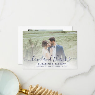 2-Photo Navy Blue Script Wedding Thank You Card