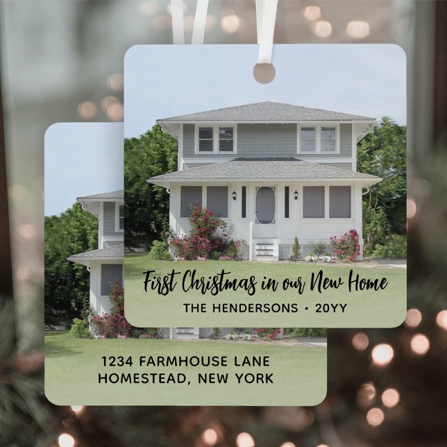 2 Photo New Home Address First Xmas Black Script Metal Ornament (Creator Uploaded)