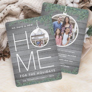 2 Photo New Home Address Modern Wood & Pine Moving Holiday Card