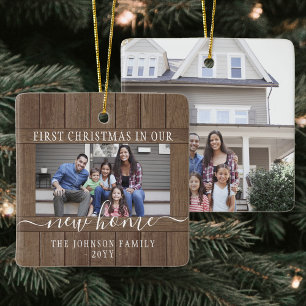 2 Photo New Home First Christmas Rustic Faux Wood Ceramic Ornament