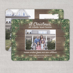 2 Photo New Home Rustic Wood, Pine & String Lights Holiday Card