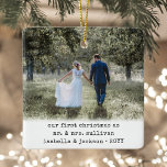 2 Photo Newlyweds 1st Christmas Simple Typewriter Ceramic Ornament<br><div class="desc">Celebrate a joyful 1st holiday as a married couple with a custom 2 photo "Our First Christmas as Mr. & Mrs." square ceramic ornament. All text and images on this template are simple to personalize and can be different or the same on front and back. (IMAGE DESIGN TIP: To center...</div>