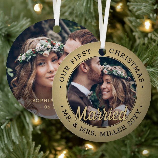 2 Photo Newlyweds 1st Xmas Married Black and Gold Metal Ornament (Creator Uploaded)