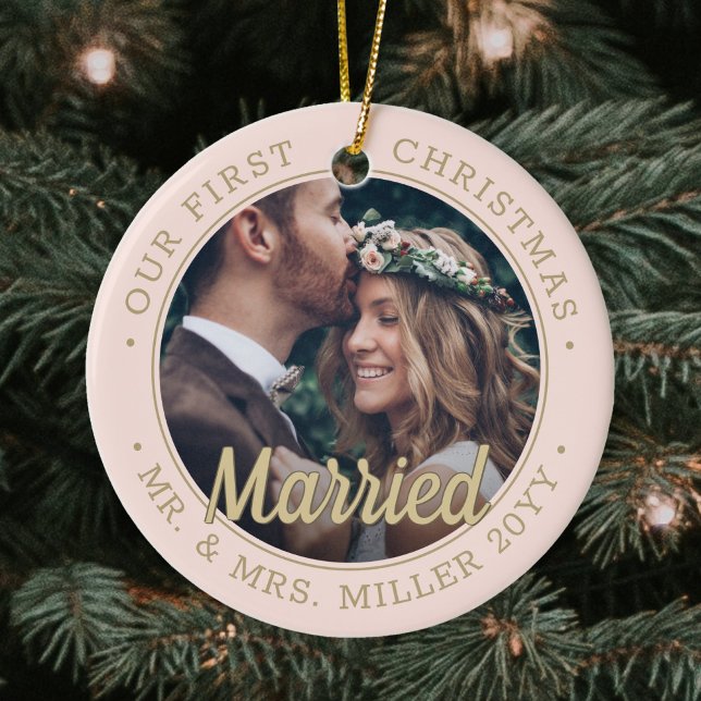 2 Photo Newlyweds 1st Xmas Married Blush Pink Gold Ceramic Ornament (Creator Uploaded)