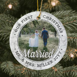 2 Photo Newlyweds 1st Xmas Married Faux Marble Ceramic Ornament<br><div class="desc">Celebrate a joyful 1st holiday as Mr. & Mrs. with a custom 2 photo "Our First Christmas Married" round faux marble ceramic ornament. All text and images on this template are simple to personalize and can be different or the same on front and back. As an idea, the script typography...</div>