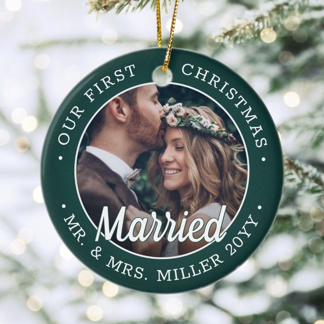 2 Photo Newlyweds 1st Xmas Married Green and White Ceramic Ornament (Creator Uploaded)