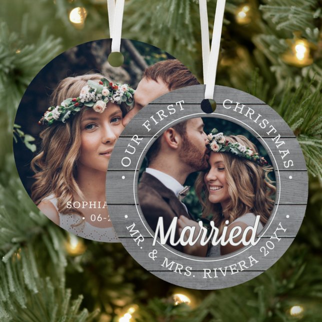 2 Photo Newlyweds 1st Xmas Married Grey Faux Wood Metal Ornament (Creator Uploaded)