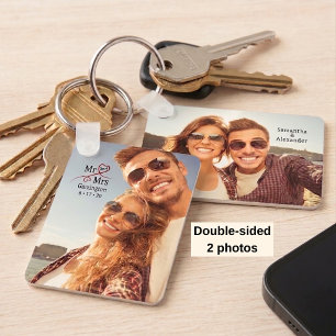 2 Photo Newlyweds Heart Typography Mr and Mrs Keychain