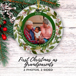 2-Photo Our 1st Christmas as Grandparents Wreath Ceramic Ornament