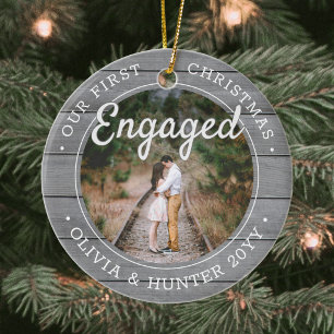 2 Photo Our 1st Christmas Engaged Faux Gray Wood Ceramic Ornament